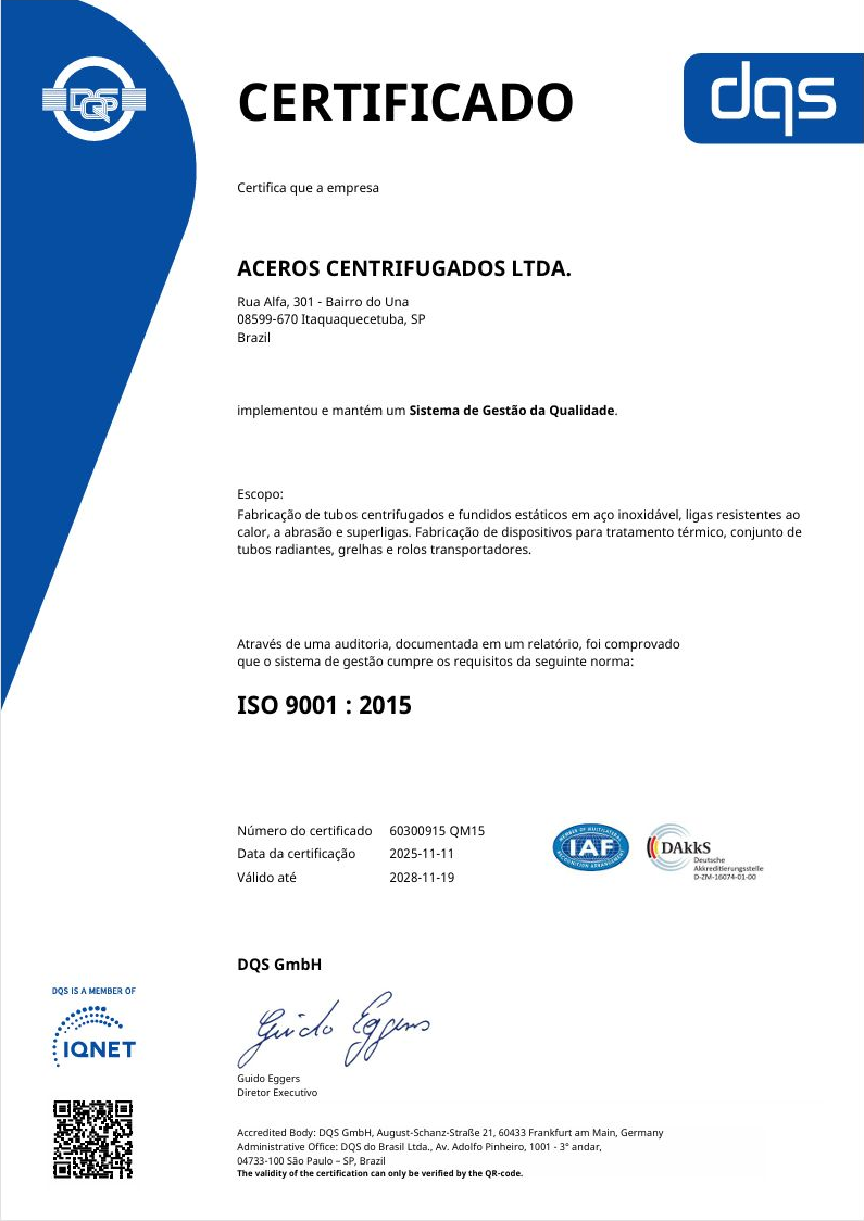 Certificado ISO 9001:2015 da Aceros